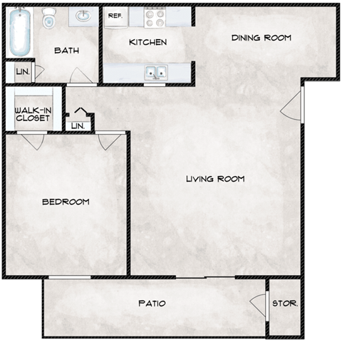 Floor plan for 1 bed, 1 bath, 810 sqft