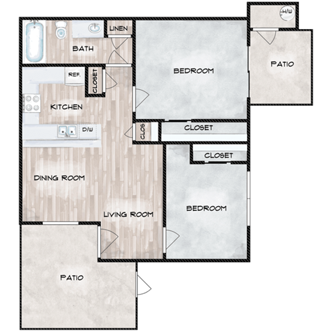 Floor plan for 2 beds, 1 bath, 652 sqft