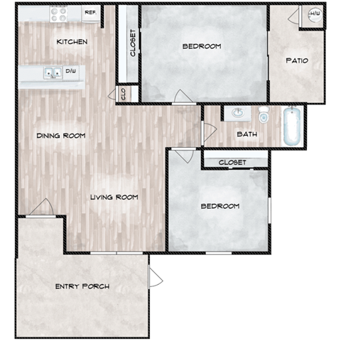 Floor plan for 2 beds, 1 bath, 880 sqft