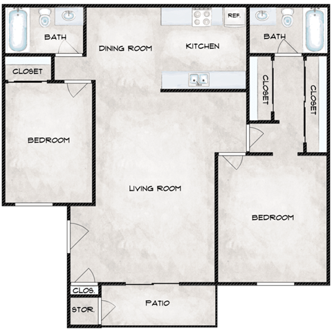 Floor plan for 2 beds, 2 baths, 1000 sqft