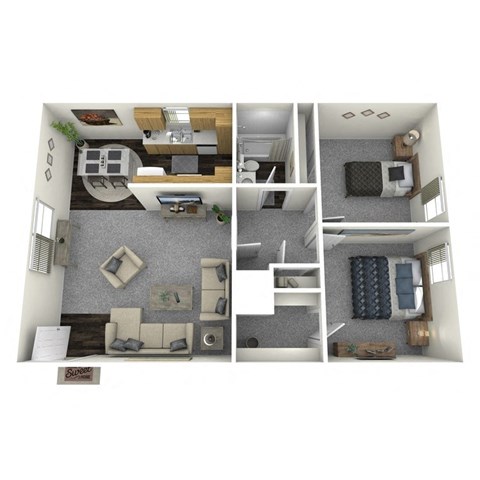 Floor plan for 2 beds, 1 bath, 870 sqft