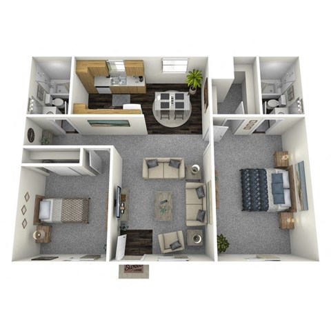 Floor plan for 2 beds, 2 baths, 925 sqft