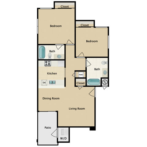 Floor plan for 2 beds, 2 baths, 931 sqft