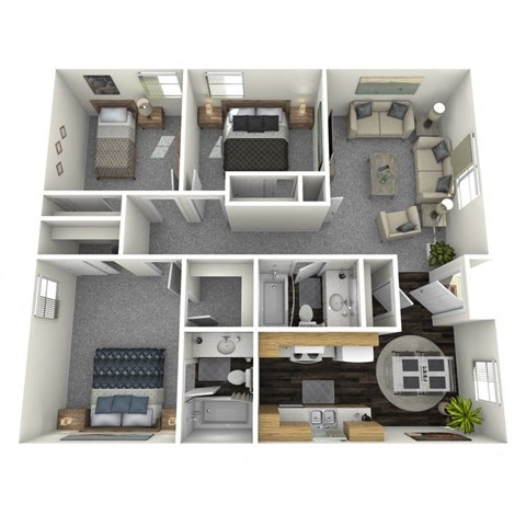 Floor plan for 3 beds, 2 baths, 1075 sqft