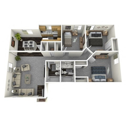 Floor plan for 3 beds, 2 baths, 1110 sqft