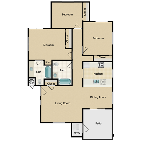Floor plan for 3 beds, 2 baths, 1154 sqft