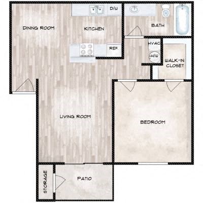 Floor plan for 1 bed, 1 bath, 728 sqft