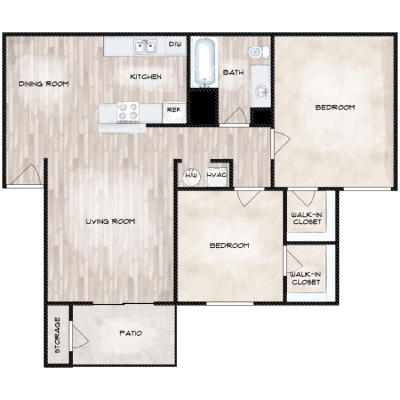 Floor plan for 2 beds, 1 bath, 934 sqft