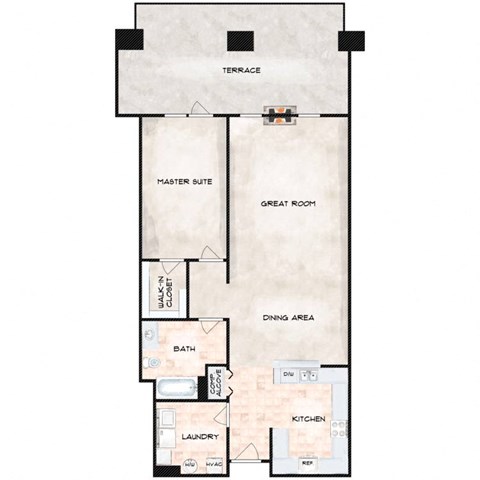 Floor plan for 1 bed, 1 bath, 1064 sqft