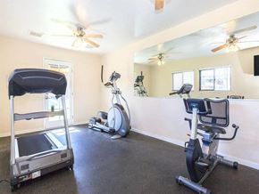 Lancaster apartment for rent - A home gym with a treadmill, elliptical trainer, and a stationary bike.