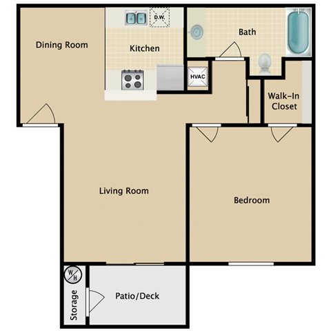Floor plan for 1 bed, 1 bath, 728 sqft