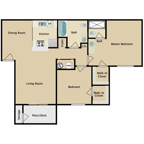 Floor plan for 2 beds, 2 baths, 964 sqft