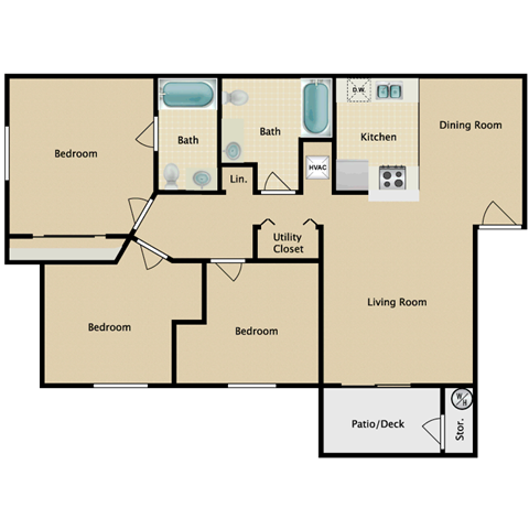 Floor plan for 3 beds, 2 baths, 1058 sqft