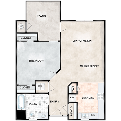 Floor plan for 1 bed, 1 bath, 633 sqft