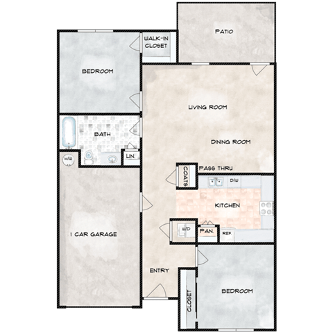 Floor plan for 2 beds, 1 bath, 965 sqft