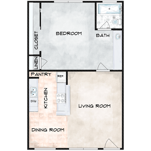 Floor plan for 1 bed, 1 bath, 600 sqft