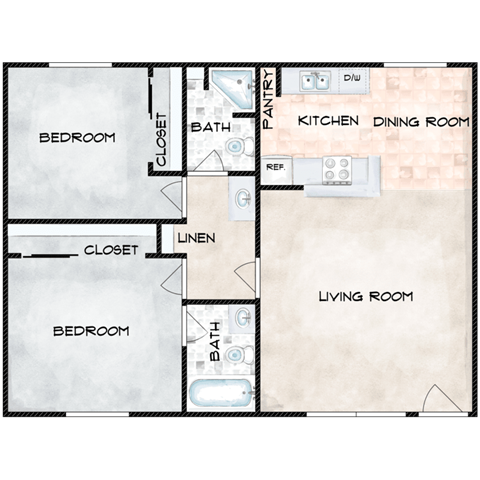Floor plan for 2 beds, 2 baths, 1000 sqft