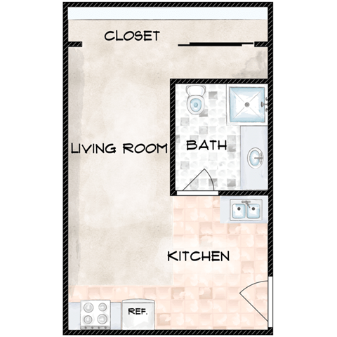 Floor plan for studio, 1 bath, 300 sqft