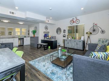 Riverside apartment for rent - A modern living room with a grey couch, a coffee table, and a dining table with chairs.