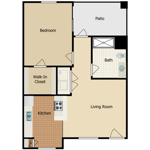 Floor plan for 1 bed, 1 bath, 690 sqft