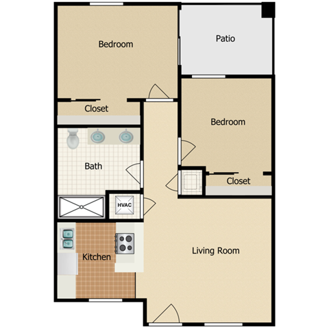 Floor plan for 2 beds, 1 bath, 730 sqft