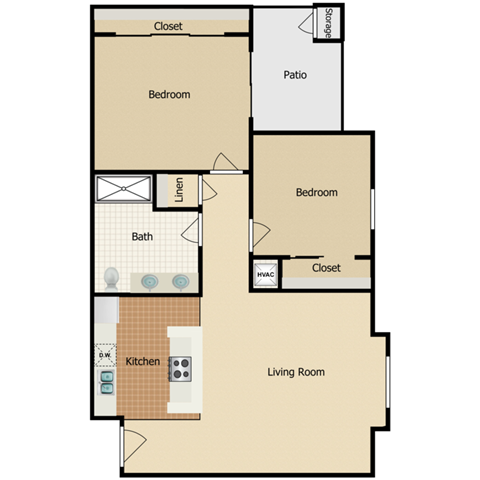 Floor plan for 2 beds, 1 bath, 874 sqft
