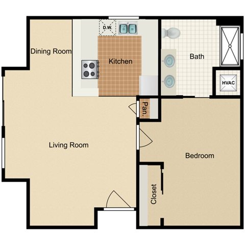 Floor plan for 1 bed, 1 bath, 713 sqft