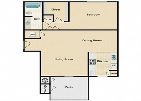 Floor plan for 1 bed, 1 bath, 750 sqft