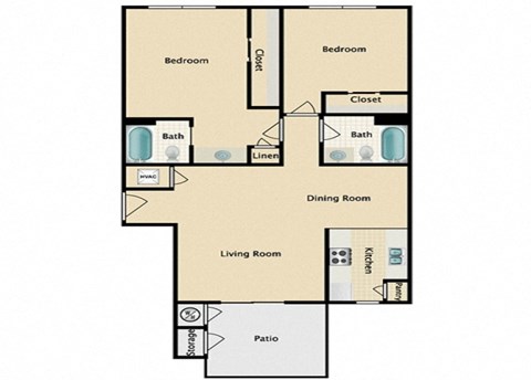 Floor plan for 2 beds, 2 baths, 900 sqft