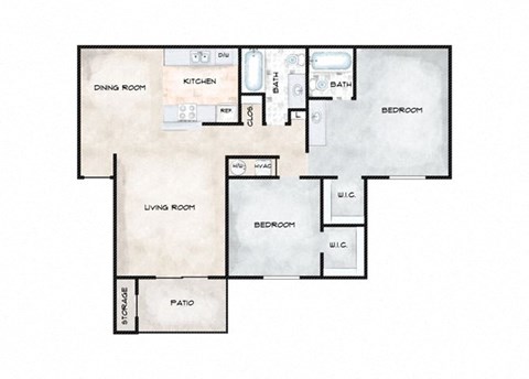Floor plan for 2 beds, 2 baths, 920 sqft