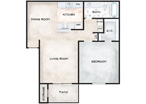 Floor plan for 1 bed, 1 bath, 710 sqft