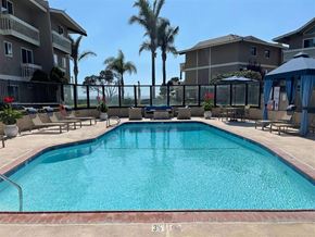 Ventura apartment for rent - A large swimming pool surrounded by a fence and palm trees.