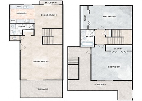 Floor plan for 2 beds, 1.5 baths, 1090 sqft
