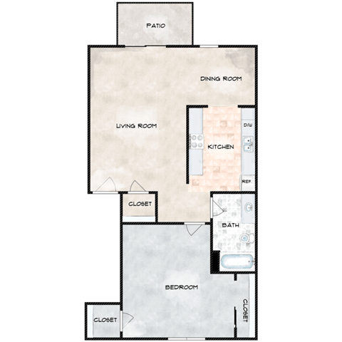 Floor plan for 1 bed, 1 bath, 703 sqft