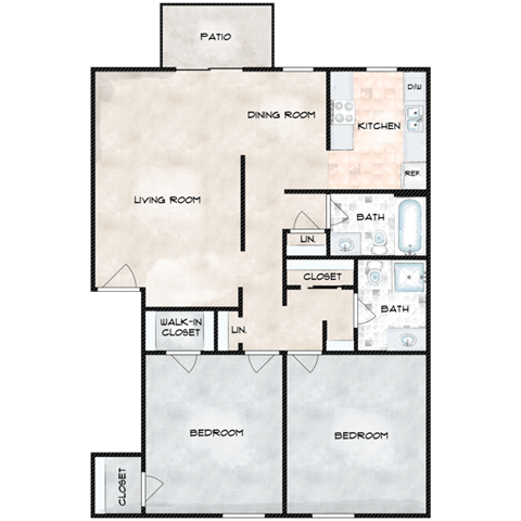 Floor plan for 2 beds, 2 baths, 962 sqft