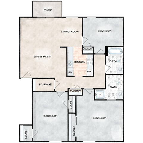 Floor plan for 3 beds, 2 baths, 1073 sqft