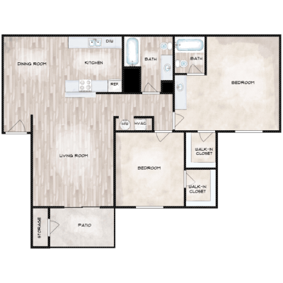 Floor plan for 2 beds, 2 baths, 964 sqft