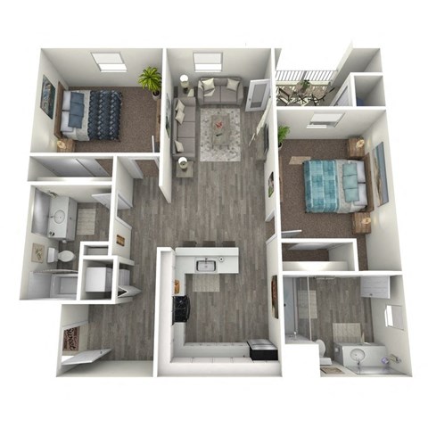 Floor plan for 2 beds, 2 baths, 940 sqft