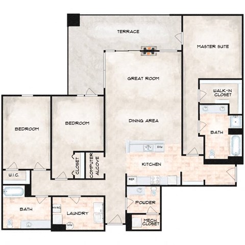 Floor plan for 3 beds, 2.5 baths, 1942 sqft