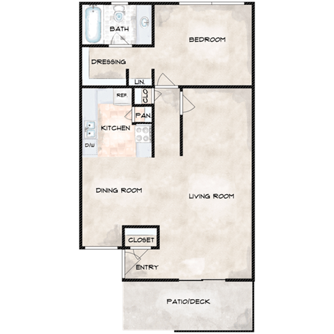 Floor plan for 1 bed, 1 bath, 750 sqft
