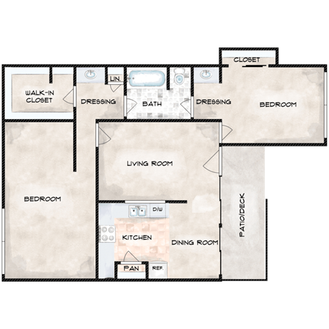 Floor plan for 2 beds, 1 bath, 900 sqft