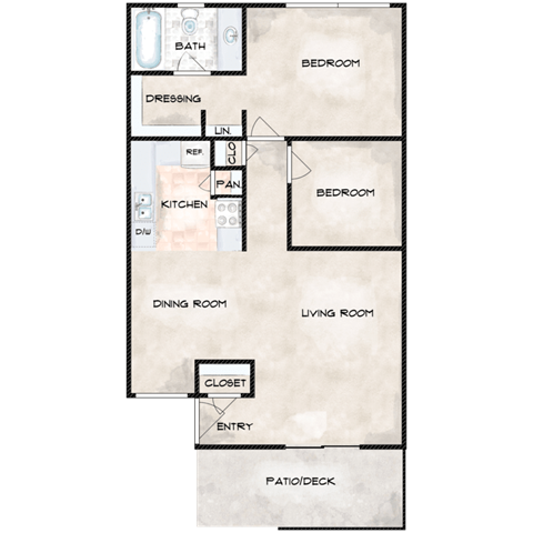 Floor plan for 2 beds, 1 bath, 750 sqft