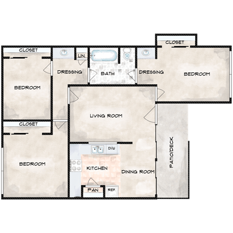 Floor plan for 3 beds, 1 bath, 900 sqft