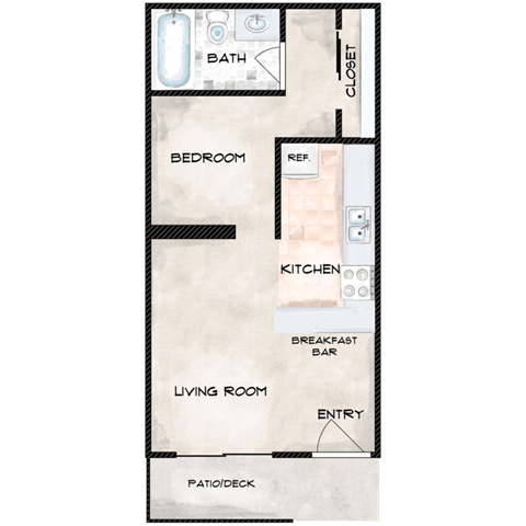 Floor plan for studio, 1 bath, 400 sqft