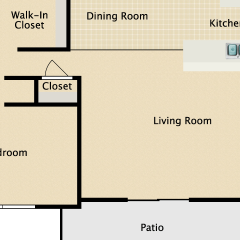 Floor plan for 1 bed, 1 bath, 729 sqft
