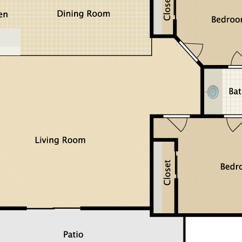 Floor plan for 2 beds, 1 bath, 812 sqft