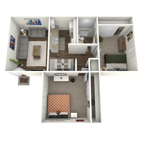 Floor plan for 2 beds, 1 bath, 744 sqft