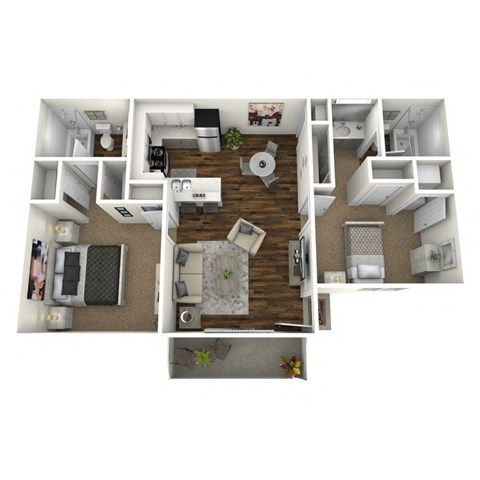 Floor plan for 2 beds, 2 baths, 935 sqft