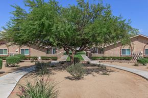 Hesperia apartment for rent - A tree in the middle of a courtyard with buildings in the background.