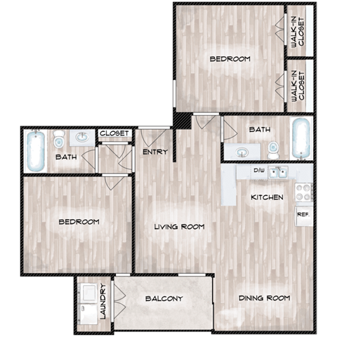Floor plan for 2 beds, 2 baths, 877 sqft